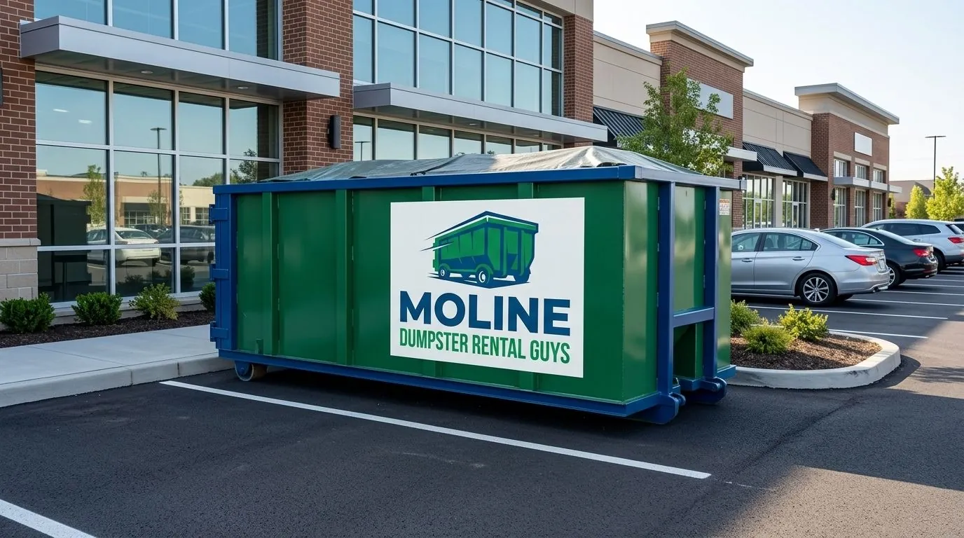 Commercial roll-off container at a retail plaza Commercial roll-off container at a retail plaza