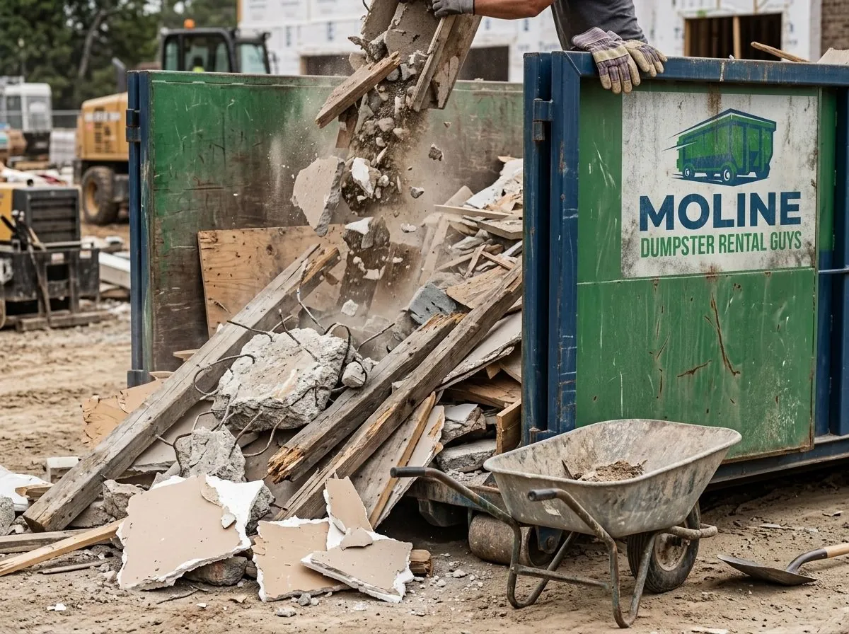 Close-up of drywall, timber and a wheelbarrow beside a roll-off container