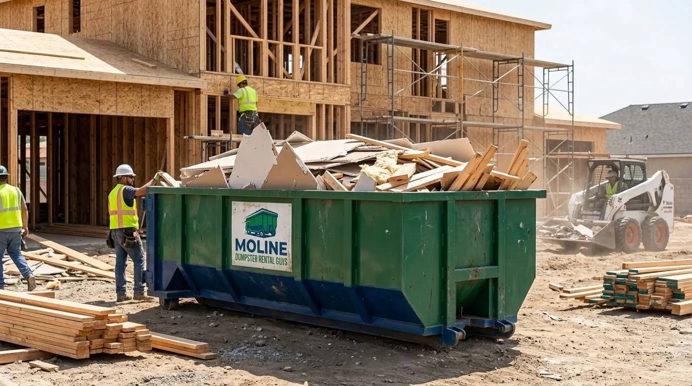 Roll-off container of construction debris at a framing site Roll-off container of construction debris at a framing site