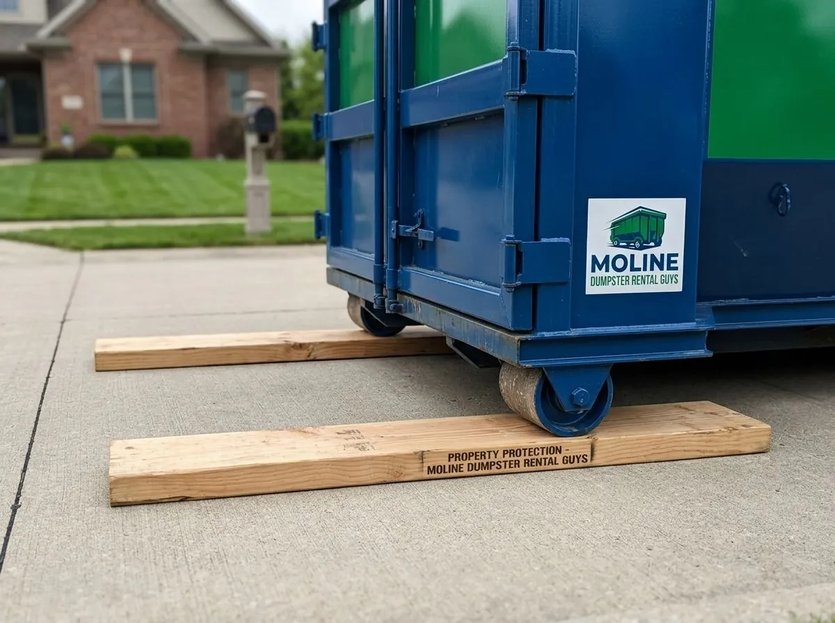 Close-up of a roll-off container wheel resting on timber driveway boards Close-up of a roll-off container wheel resting on timber driveway boards