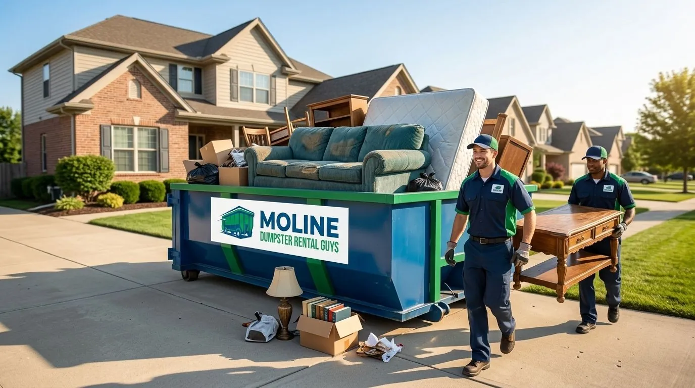 Crew loading furniture into a roll-off container during a property clearance