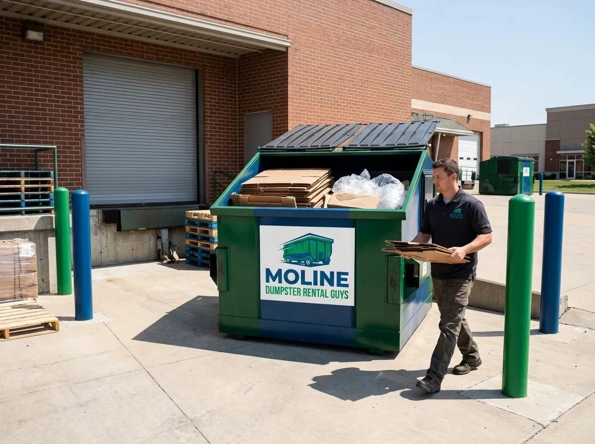 Moline Dumpster Rental Guys roll-off container and truck working a job in Rock Island County Moline Dumpster Rental Guys roll-off container and truck working a job in Rock Island County