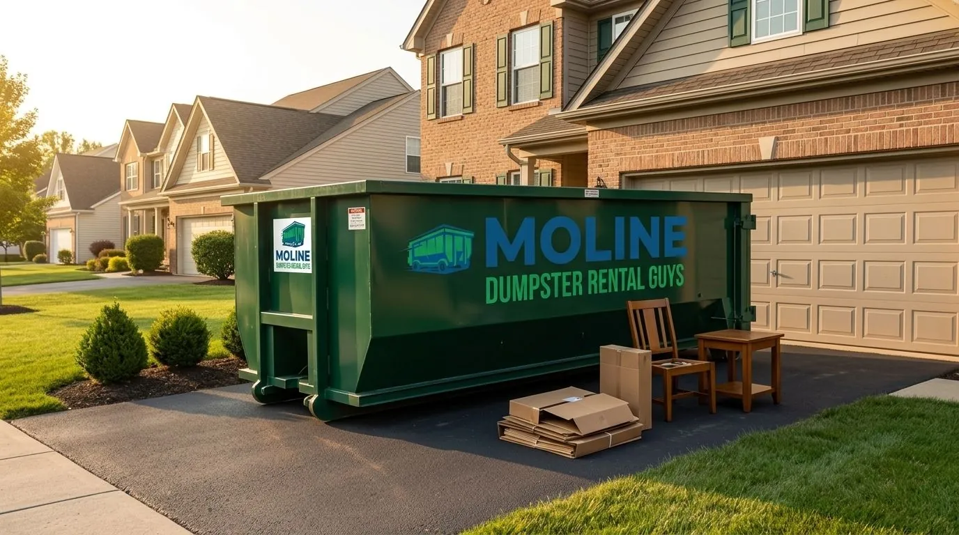 Roll-off dumpster on a residential driveway with household items alongside