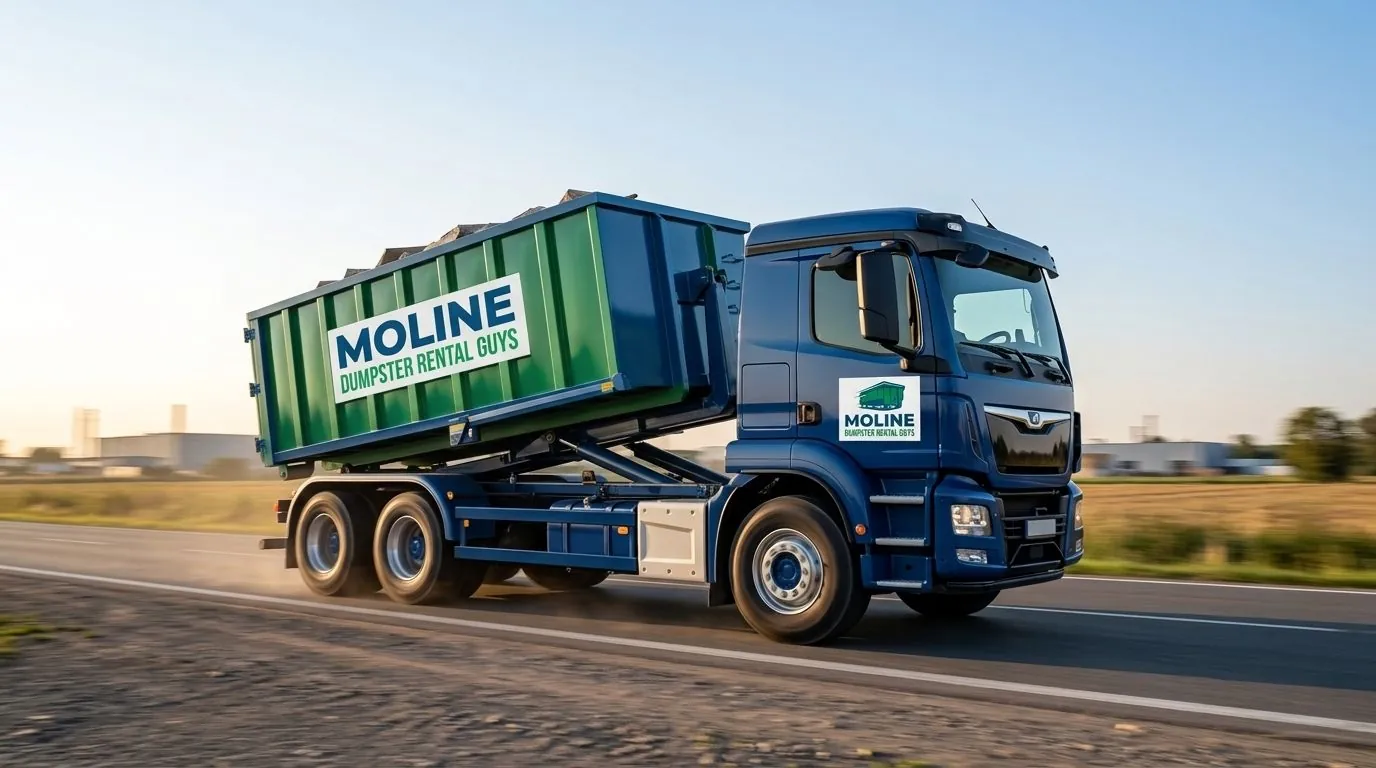 Loaded Moline Dumpster Rental Guys roll-off truck on the road Loaded Moline Dumpster Rental Guys roll-off truck on the road