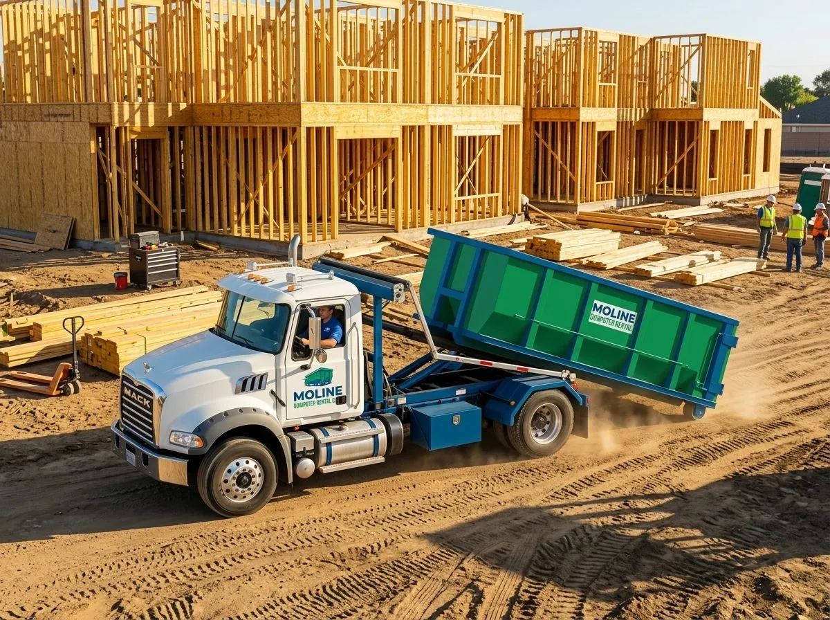 Roll-off truck placing a container at a building site Roll-off truck placing a container at a building site